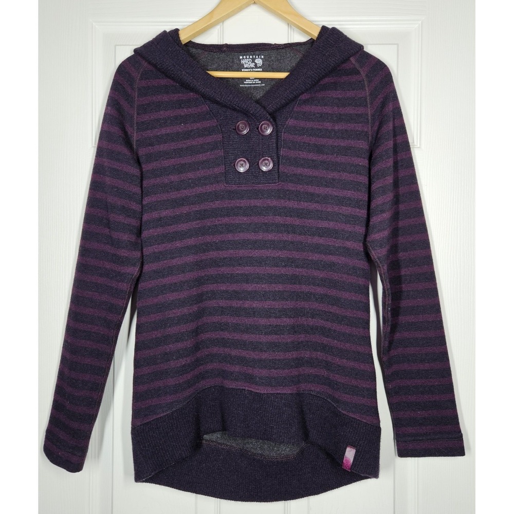 Mountain Hardwear Wool Blend Sweater Womens M Hooded Purple Striped Soft Cozy